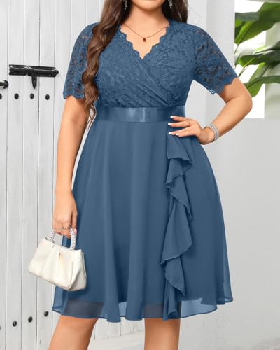 Image of Talisea Plus Size Wedding Guest Dress - Formal Cocktail Party Ruffle Elegant Tea Length Lace Chiffon V Neck Midi Dresses