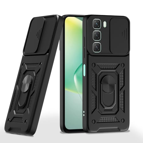 Image of Pikkme Back Cover for Infinix Hot 50 5G | 360 Protection Case | Sliding Camera Shield Cover & Ring Holder Stand D10 Tough Armor Bumper Case (Black)