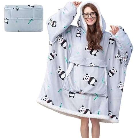 yescool Wearable Blanket Hoodie for Adult, Oversized Hoodies Sweatshirt for Women Packable Blanket Cozy Sherpa Blanket with Giant Hood Sleeves, Soft Fuzzy Big Hooded Blanket Men Gifts (Panda, Grey) Cover