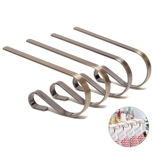 Christmas Stocking Holders for Mantle Set of 4, Lightweight Adjustable Christmas Stocking Holder Hooks Metal Fireplace Hanger for Christmas Party Decoration, Non-Slip Mantle Stocking Hooks(Bronze)