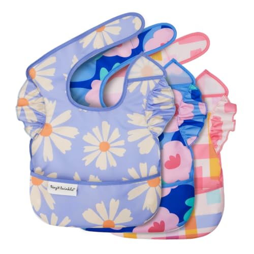 Tiny Twinkle Mess-Proof Baby Bibs for Eating | Waterproof, Wipeable Toddler Bibs with Catch-All Pocket | Feeding Bibs for Girls &amp; Boys (3 Pack, Daisies, Blue Floral, Playful)