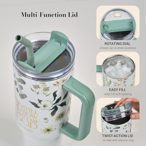 Image of Christian Art Gifts Extra Large Stainless Steel Double Wall Vacuum Insulated Travel Tumbler for Women: Be Still Inspirational Scripture, Lid, Reusable Straw, Wide Handle, White & Teal Floral, 40 oz.