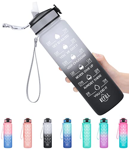 MEITAGIE 1 Liter motivierende Fitness Sport Wasserflasche mit Strohhalm & Zeitmaker, auslaufsicher, BPA-frei, Tritan, Giftfreie Plastik-Trinkflasche Design für Mädchen, Radfahren, Schule & Büro