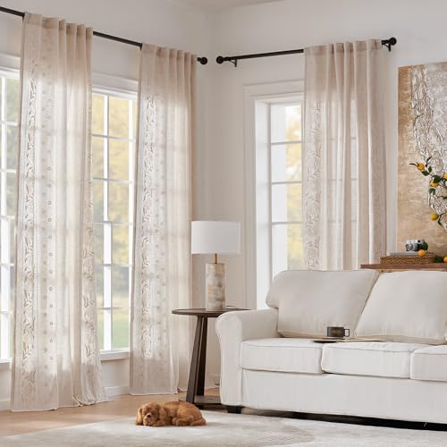 Image of jinchan Ivory Floral Linen Curtains for Living Room 96 inch Back Tab 2 Panels