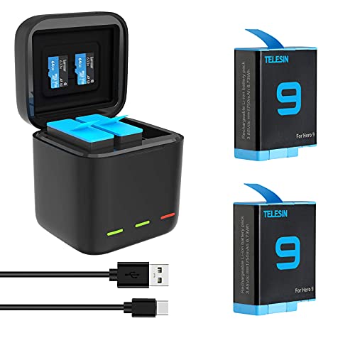 TELESIN 3-Canales Cargador Batería + 3 Baterías para Gopro 9, Al Aire Libre Viajar Cargador Rápido Accesorios de Almacenamiento con Type-C Cable para Gopro Hero 9 Negro(1 Cargador+2 baterías)