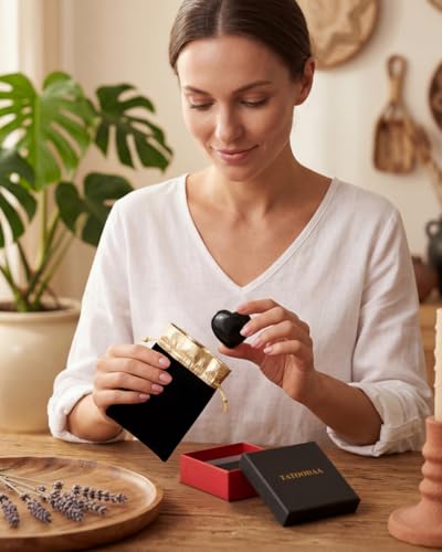Image of Natural Black Obsidian Heart Worry Stone - Polished Thumb Pocket Stone for Anxiety & Stress Relief - Heart-Shaped Crystal for Reiki Healing, Meaningful Spiritual Gift for Women & Men