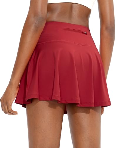SANTINY Pleated Tennis Skirt for Women with 4 Pockets Womens High Waisted Athletic Golf Skorts Skirts for Running Casual (Red_S)