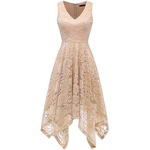 Meetjen Women's Bridesmaid V-Neck Sleeveless Asymmetrical Handkerchief Hem Lace Cocktail Dress Champagne L Cover