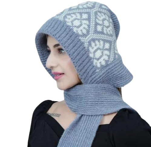 Women Winter Cap with Attached Muffler Knitted Woolen Cap with Lovely Scarf, Beautifully Designed Protect Ear & Neck from Cold Winds Stylish Girls Cap-image-1
