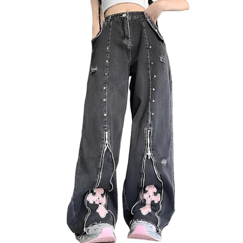 Y2K Gothic Grunge Vintage Casual High Waist Loose Straight Wide Leg Denim Pants Pink Cross Zipper Trim Jeans