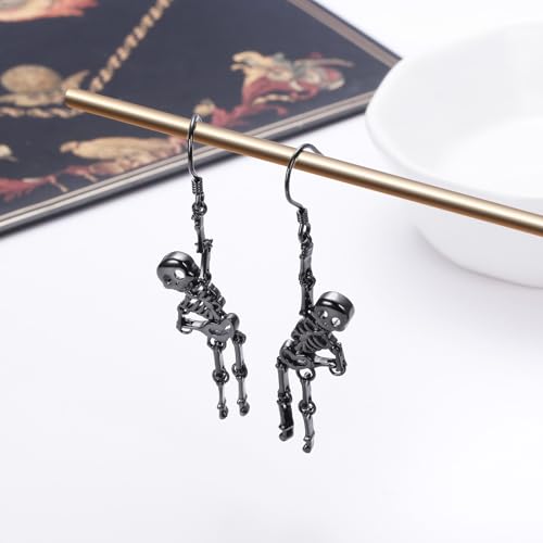 Black Skeleton Earring S925 Sterling Silver Halloween Spooky Gothic Skull Dangle Drop Earring for Women Jewelry3