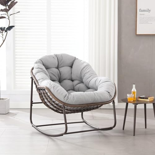 Sweiko Fauteuil à Bascule d'Extérieur en Rotin avec Coussin Moelleux,Fauteuil de Loisirs Ergonomique Adapté aux Porches,Salons,Terrasses et Jardins...