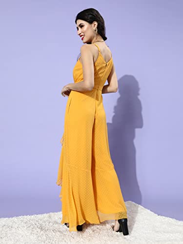 Image of Miss Chase Women's Mustard-Yellow Halter Neck Sleeveless Solid Ruffled Regular Jumpsuit