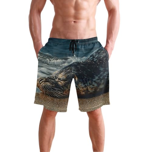 Men's Swim Trunks Beach Seal Print, Quick Dry Beach Board Shorts with Lining-S
