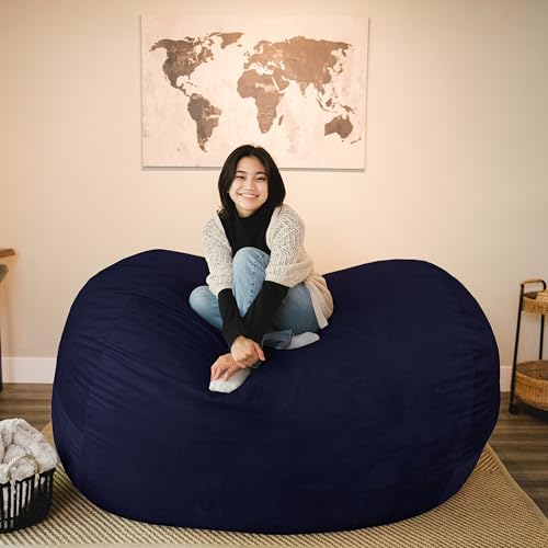 Image of Big Joe Fuf XL Foam Filled Bean Bag Chair with Removable Cover, Midnight Plush, Soft Polyester, 5 feet Giant, Navy Plush