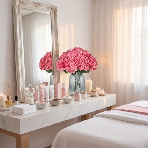 Blooming Paradise 2Bouquets Artificial Fake Flowers Silk Hydrangea Arrangements Wedding Bouquets Decorations Plastic Floral Home Kitchen Garden Party Festival Bar DIY(Dark Pink)