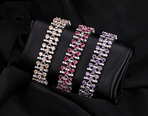 Platinum Plated Bling Crystal Rhinestone 3 Row Aaa Cubic Zirconia Strand Bracelet For Women Wedding Jewelry Chain Bracelet Bangle Tennis Bracelet (Purple) #TOP2