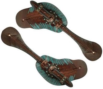 Showman Ladies Size Tooled Leather Spur Straps with Hand Painted Teal & Copper Feather