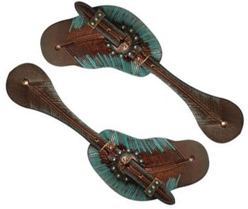 Showman Ladies Size Tooled Leather Spur Straps with Hand Painted Teal & Copper Feather