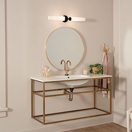 Image of Kichler Truby 24.75 inch 2-Light Bathroom Vanity Light Fixture with Satin Etched Cased Opal Glass in Black, Modern Wall Sconce for Bath and Mirror Lighting, 55075BK