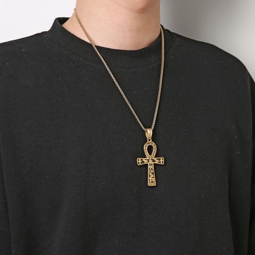 HZMAN Stainless Steel Large Ankh Cross Pendant Ancient Egyptian Hieroglyphic Symbol 22+2 Inch Chain2