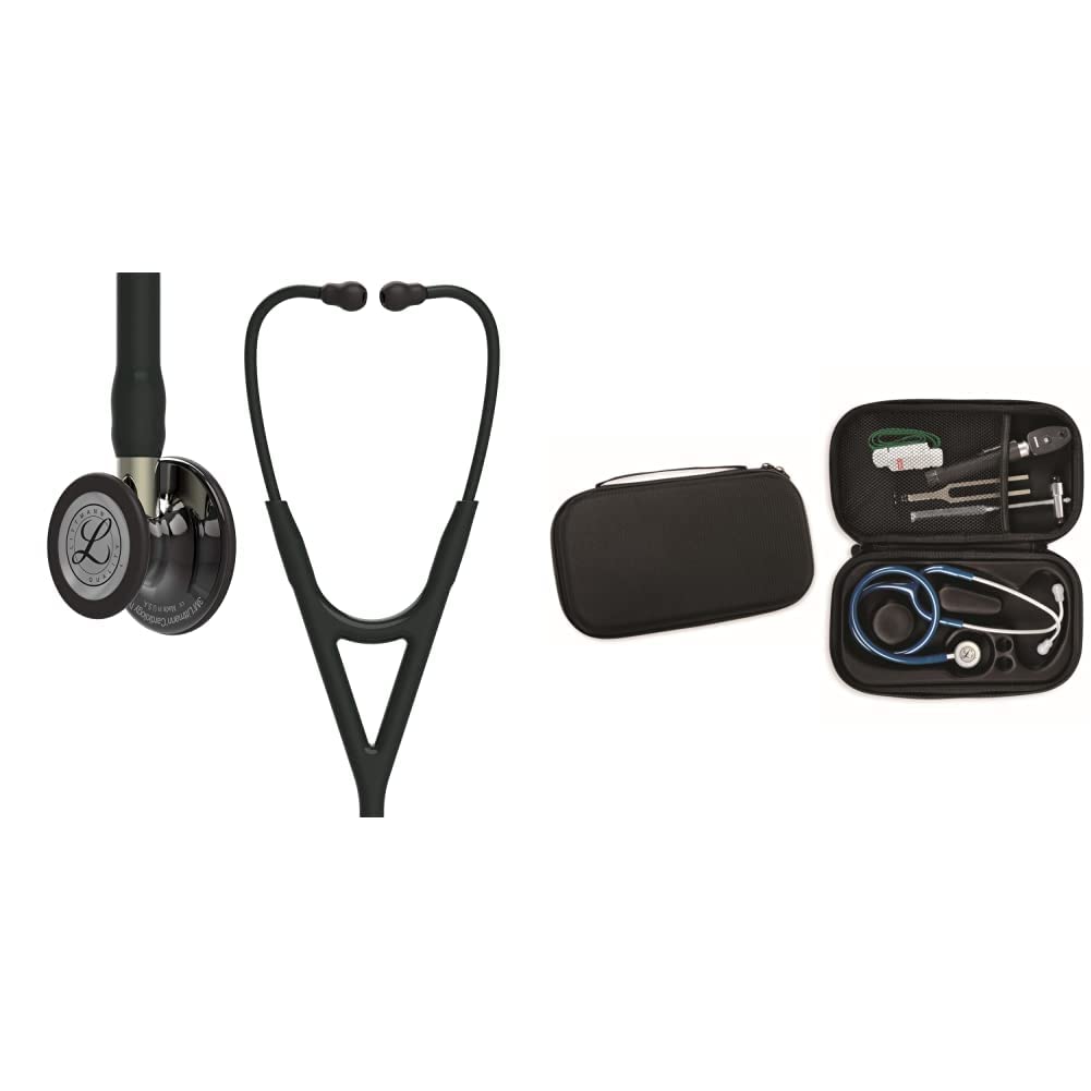 3M Littmann Cardiology IV, Stetoscopio diagnostico, testina con finitura altamente lucidata nerofumo, tubo auricolare nero, 6204 + GIMA ASTUCCIO PORTA FONENDO, Nero, Uso Professionale