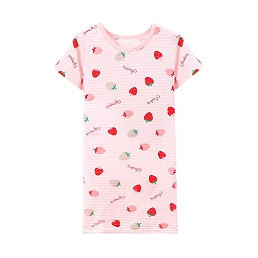Cicilin Girls Cotton Nightgown Short Sleeve Strawberry Print PJS Dress Nightdress Sleepwear Pink 120CM