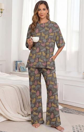 Image of PrinStory Womens Pajamas Sets 2 Piece Lounge Set Short Sleeve Tops and Long Pants Soft Pjs Loungewear with Pockets