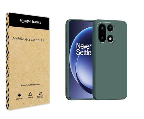 Image of amazon basics Back Cover for OnePlus 15 5G | Ultra Slim Soft Rubberised Case | Matte Silicone Flexible Mobile Case | Camera Protection - Green
