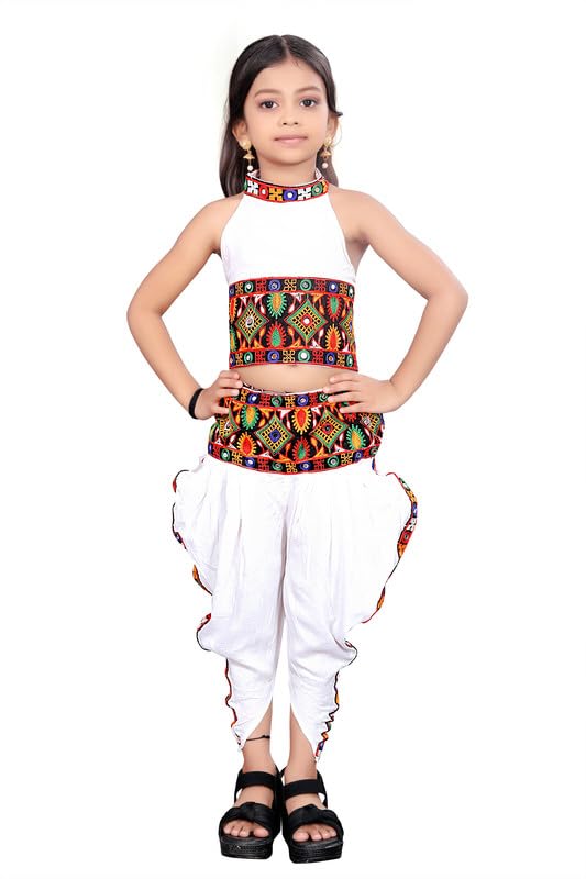 EXGLOWGirls Riyon Chaniya Choli Dhoti Set with Halter Neck, Kutchwork Embroidered Traditional Ethnic Dress With Mirror Work, Backless Top with Dhoti For Girl Kids (6 To 7 Year) White Color