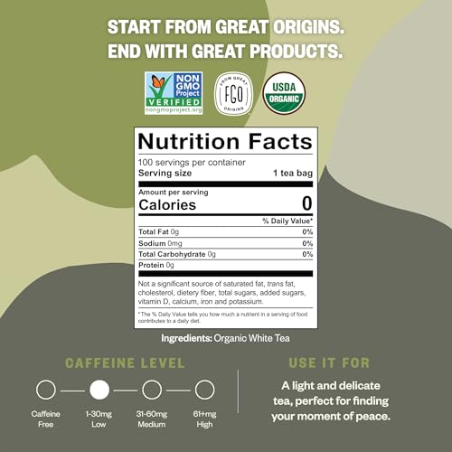 Image of FGO Organic White Tea, 100 Count, Eco-Conscious Tea Bags, Resealable Bag, Packaging May Vary (Pack of 1)