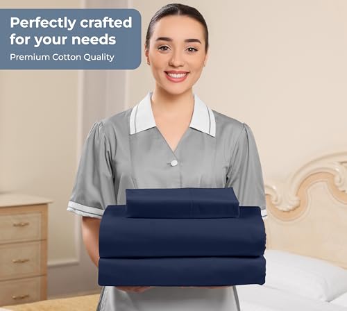 Image of ROYALE LINENS 100% Organic Cotton Twin Sheet Set - Percale Weave - 3 Pieces Set - 1 Flat, 1 Deep Pocket Fitted Sheet and 1 Pillowcases - Navy Bed Sheets - Sabanas Twin - Crisp Cool (Navy)