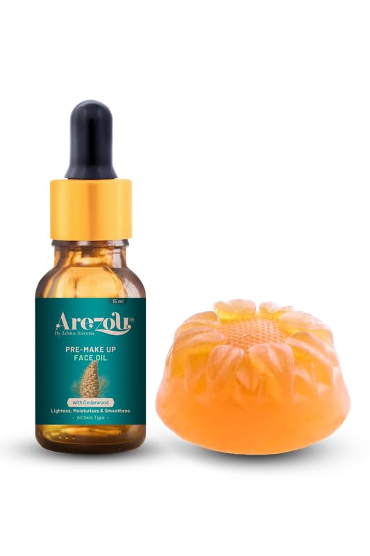 Image of Arezou Pre-Makeup Face Oil & Soap Set - Natural Hydrating Primer with Cedarwood Essential Oil | Deep Moisturizing Facial Massage Oil for Glowing Skin & Smooth Makeup Application | Ritual Skincare Gift Set (15ml Face Oil + 50g Soap)