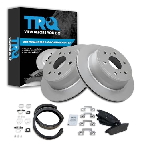 Image of TRQ Rear Brake Pad and Rotor Set Semi Metallic Coated Rotors Compatible with 2007-2010 Cadillac Escalade 2007-2014 Chevrolet Avalanche 2007-2013 GMC Sierra 1500