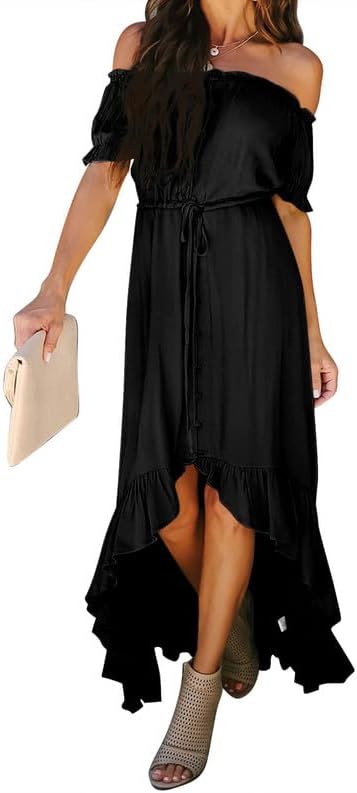 Dokotoo - Vestido largo informal, con hombros descubiertos, manga corta, para mujer. Vestidos largos con vuelo en la falda para cóctel, de color