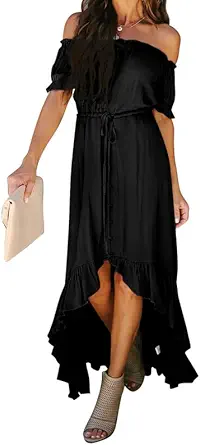 Dokotoo Womens 2024 Off The Shoulder Casual Short Sleeve Maxi Dress High Low Solid Cocktail Skater Dresses