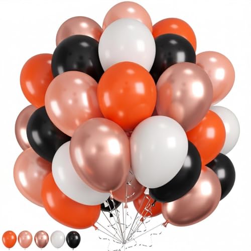Halloween Balloons, 60PCS Black Orange Balloons, Black Orange White Rose Gold Balloon with 4 Different Sizes 3D bats Stickers for Halloween Masquerade Haunted House Themed Birthday Party Decorations
