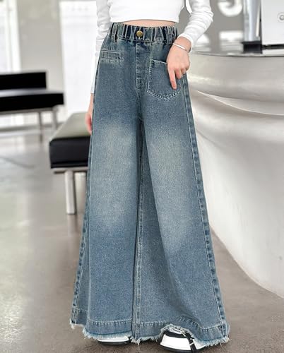 Girls Wide Leg Jeans Elastic Waist Frayed Raw Hem Baggy Jeans Trendy Hip Hop Denim Pants Streetwear 5-13 Years3