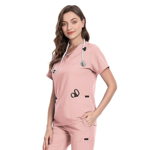 Image of VIAOLI Scrubs for Women Set Modern V-Neck Top & 8 Pocket Jogger Pants Nursing Uniform Solid Stretch Workwear