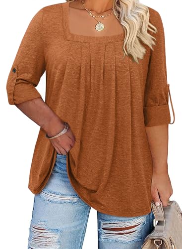 Kancystore Women's Plus Size 3/4 Sleeve Tops Square Neck Shirts Loose Pleated Tunic Blouses