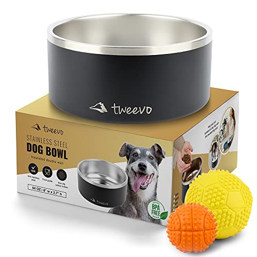 Stainless Steel Dog Food Bowl with 2 Rubber Balls – Non-Slip Insulated Dog Bowl with 7 Color Options -Durable Dog Water Bowl for Medium, Large and Extra Large Dogs