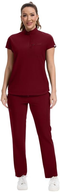 Kitmaz Women's Scrub Set - Convertible Mandarin/V-Neck Top & Straight Pants, 13 Pockets, Wrinkle & Splash Resistant Fabric
