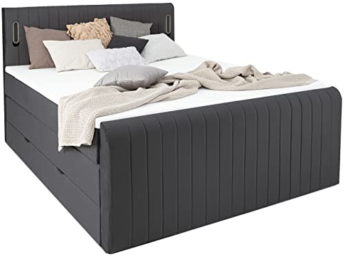 wonello Boxspringbett 180x200 mit Bettkasten und LED Beleuchtung - gemütliches Bett mit LED Beleuchtung - Stauraumbett 180 x 200 cm grau anthrazit mit Matratze und Topper Samt-Stoff
