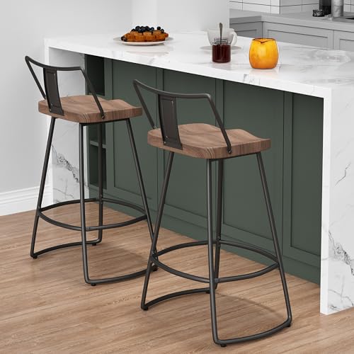 Butacos giratorios de barra de 26 pulgadas, juego de 2, sillas de barra de altura para mostrador con respaldo, estructura metálica y asiento de madera, estilo industrial y granja moderna, color negro mate miniatura 3