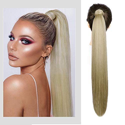 AISI QUEENS 24 inch Ponytail Extension Long Straight Wrap Around Clip in Synthetic Fiber Hair for Women (Ash Brown mix Natural Blonde)
