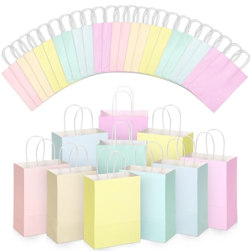 Skyygemm 32 Pcs Paper Gift Bags Bulk with Handle 6.3 x 3.2 x 8.6 Inch Assorted Colors Kraft Goodie Candy Treat Gift Wrap Bags for Wedding Birthday Graduation Father Day(Pastel Color)
