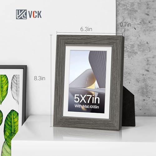 Image of VCK 5x7 Picture Frame 5 Pack, Grey Wood, 4x6 Mat, Glass, for Photo Print