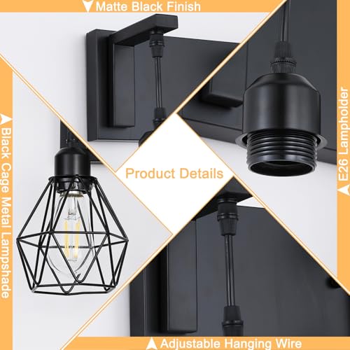 Image of Somniferous Farmhouse Bathroom Light Fixtures, 3 Light Bathroom Vanity Lights Over Mirror, Black Vanity Light with Caged Metal Shade, Rustic Wall Sconce for Bedroom, Living Room, Hallway, E26 Socket