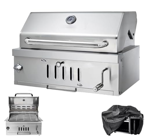 Large Charcoal BBQ Grills, Built in Barbecue Grill with Liftable Tray, Insulated Hood & Temp Gauge, Silver Stainless Steel BBQ Barrel Grill for Outdoor Kitchen Cooking Family Parties Patio Park Style