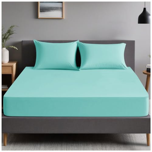 GC GAVENO CAVAILIA | Plain Dyed Bedding Fitted Bedsheets - Soft & Comfy (137 x 193 Cm) Double Bed Sheet - Breathable Non Iron Percale Sheets - Aqua | Double
